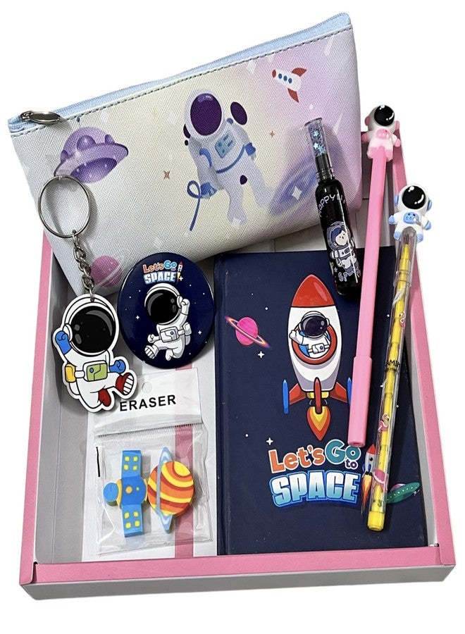 Le Delite Kids Space astronaut planet Theme Stationery Gift Set Combo Return Gift Box (7 Items) Diary, Pouch,Eraser, Pen,Pencil,Keychain & badge For Kids Boys & Girls Return Gift (MULTI) - Image 1